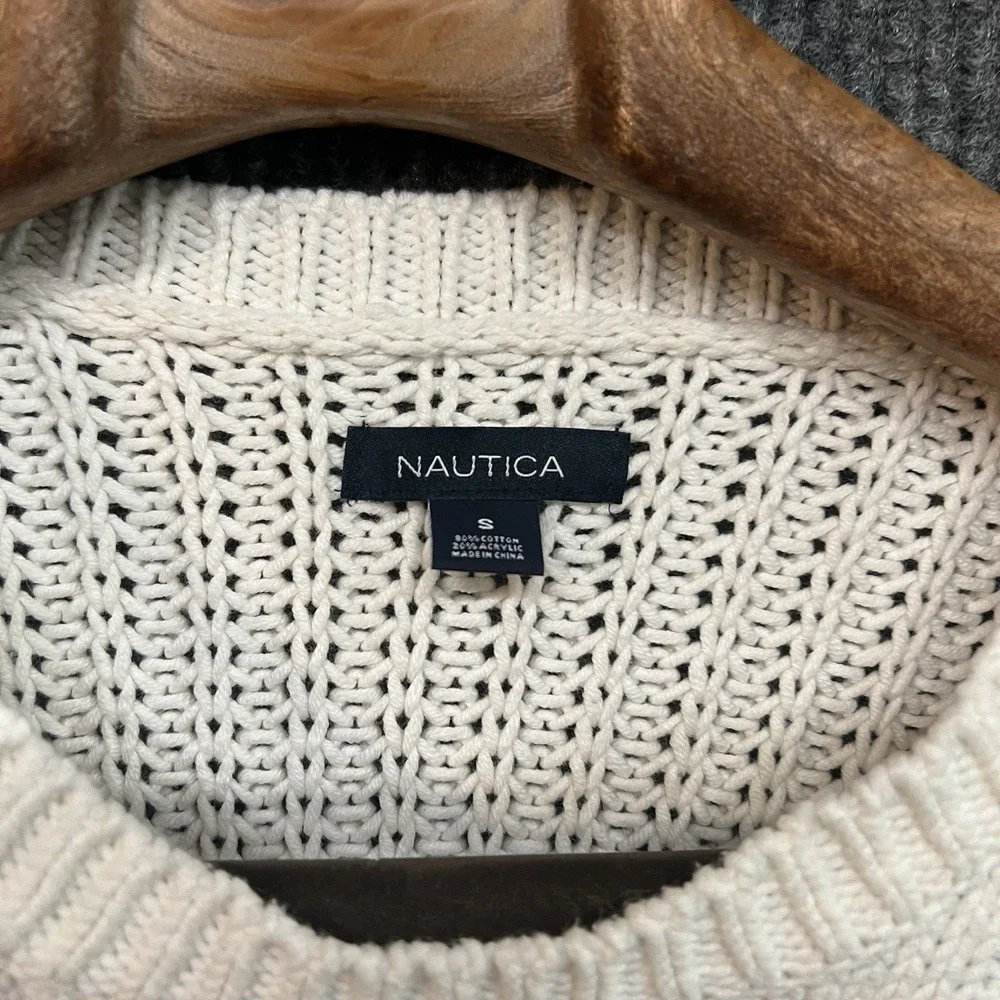 Nautica Sweater Womens Small‎ White Cable Knit Long Sleeves Round Neck Stretchy